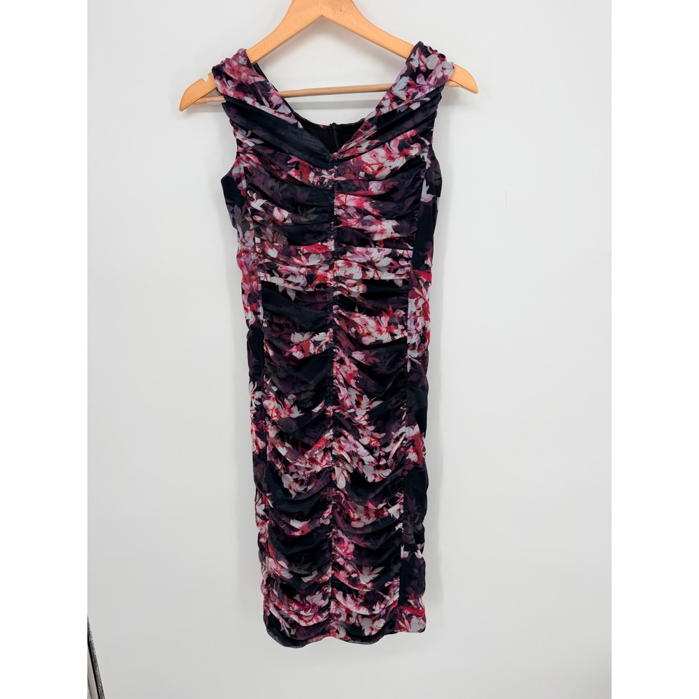 Blackβ Halo Ruched Bodycon Dress 6 Black Pink Floral Mesh Cocktail Wedding Guest